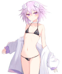 Rule 34 | 1girl, bikini, blush, breasts, choker, d-pad, d-pad hair ornament, food, hair between eyes, hair ornament, navel, neptune (neptunia), neptune (series), parka, pudding, purple eyes, purple hair, ray 726, short hair, simple background, small breasts, smile, solo, swimsuit, white background