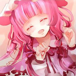 Rule 34 | 1girl, aliprojectlove, blunt bangs, closed eyes, female focus, hat, heart, no nose, patchouli knowledge, pink theme, purple hair, smile, solo, string, string of fate, touhou, ukita uuko