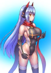 Rule 34 | 1girl, android, bare shoulders, breasts, covered navel, elbow gloves, fukadumeasadume, gloves, hair between eyes, headgear, highleg, highleg leotard, highres, joints, large breasts, leotard, long hair, nintendo, poppi (xenoblade), poppi qtpi (xenoblade), purple hair, red scarf, robot ears, robot joints, scarf, sidelocks, skin tight, smile, solo, swimsuit, thighhighs, xenoblade chronicles (series), xenoblade chronicles 2, yellow eyes
