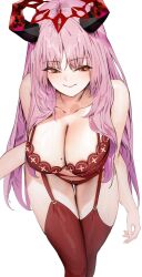 Rule 34 | 1girl, blue archive, bra, breasts, cleavage, collarbone, demon horns, garter belt, garter straps, halo, highres, horns, lace, lace-trimmed bra, lace trim, large breasts, leaning forward, light blush, long hair, looking at viewer, mechanical halo, navel, pink hair, poharo, red bra, red eyes, red garter belt, red garter straps, red thighhighs, satsuki (blue archive), sidelocks, smile, solo, standing, thighhighs, underwear, very long hair, white background
