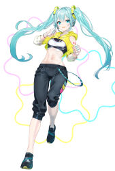 Rule 34 | 1girl, aqua eyes, aqua hair, bare shoulders, breasts, capri pants, clenched hands, clothing cutout, cropped hoodie, fingerless gloves, fitness boxing, full body, gloves, gluteal fold, hatsune miku, headgear, headset, highres, hood, hoodie, long hair, looking at viewer, lowleg, lowleg pants, medium breasts, midriff, navel, official alternate costume, open mouth, pants, running, shoes, shoulder cutout, simple background, small breasts, smile, sneakers, solo, sports bra, twintails, very long hair, vocaloid, yellow hoodie, yukihane (snowowl515)