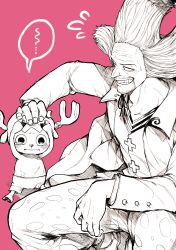 Rule 34 | ..., 2boys, absurdres, animal ears, antlers, black eyes, blush, closed mouth, crying, crying with eyes open, dr. hiluluk, facial hair, greyscale with colored background, hand on another&#039;s head, highres, horns, looking at another, male focus, multiple boys, one piece, pink background, reindeer antlers, short hair, smile, speech bubble, stubble, tears, teeth, tony tony chopper, white hair, yotsumi shiro