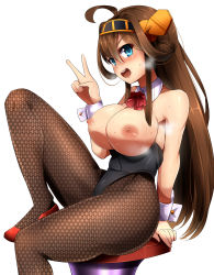 Rule 34 | 10s, 1girl, black pantyhose, blue eyes, breasts, breasts out, brown hair, chair, detached collar, double bun, female focus, fishnet pantyhose, fishnets, hair bun, hairband, headgear, high heels, highres, huge breasts, kantai collection, kongou (kancolle), leotard, long hair, looking at viewer, magukappu, nipples, nontraditional miko, open mouth, pantyhose, personification, playboy bunny, short hair, sitting, smile, solo, v, wrist cuffs