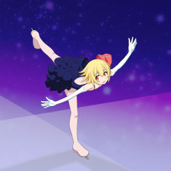 Rule 34 | 1girl, :d, blonde hair, cato (monocatienus), elbow gloves, gloves, hair ribbon, ice skating, looking at viewer, open mouth, outstretched arms, red eyes, ribbon, rumia, short hair, skating, smile, solo, spread arms, touhou, white gloves