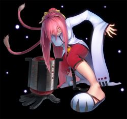 Rule 34 | 1girl, animal ears, arc system works, bazooka oiran, bell, blazblue, breasts, candy, capri pants, cat ears, cat tail, food, glasses, kokonoe (blazblue), lollipop, long hair, mechanical arms, multiple tails, pants, pink hair, ponytail, red pants, sandals, single mechanical arm, slippers, solo, tail, yellow eyes