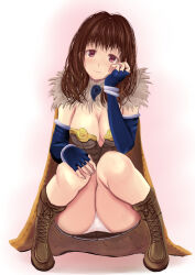 Rule 34 | 1girl, :3, alchemist (ragnarok online), blue gloves, boots, bracelet, breasts, brown dress, brown footwear, brown hair, cape, cleavage, closed mouth, cross-laced footwear, dc24v, dress, elbow gloves, fingerless gloves, full body, fur collar, gloves, hand on own knee, hand up, head tilt, jewelry, lace-up boots, long hair, looking at viewer, magatama, medium breasts, medium hair, orange cape, panties, pantyshot, pink eyes, ragnarok online, short dress, smile, solo, squatting, strapless, strapless dress, tareme, thighs, underwear, white panties