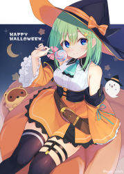 Rule 34 | 1girl, bare shoulders, belt, belt buckle, black thighhighs, blue eyes, blush, bow, breasts, brown belt, buckle, candy, commentary, crescent, detached sleeves, food, frilled sleeves, frills, ghost, green hair, green neckwear, green ribbon, hair ornament, halloween, happy halloween, hat, hat bow, holding, holding candy, holding food, holding lollipop, lollipop, long sleeves, looking at viewer, medium breasts, medium hair, orange bow, orange skirt, original, pink bow, pumpkin, ribbon, shirai tanuki, sitting, sitting on object, skirt, smile, solo, star (sky), star (symbol), star hair ornament, striped, striped bow, takeda emi, tanuki, thigh strap, thighhighs, witch hat