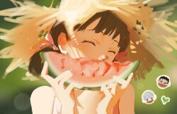 Rule 34 | 1girl, ^ ^, blurry, blurry background, brown hair, closed eyes, doujima nanako, doujima ryoutarou, eating, food, fruit, hair ribbon, hat, highres, holding, holding food, holding fruit, nagisa99, narukami yuu, persona, persona 4, pink ribbon, ribbon, short twintails, solo, straw hat, twintails, watermelon