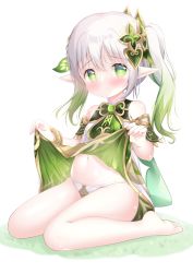 Rule 34 | 1girl, bare shoulders, barefoot, blush, braid, closed mouth, clothes lift, dress, dress lift, full body, genshin impact, green eyes, green hair, hair ornament, hands up, highres, lifted by self, looking at viewer, nahida (genshin impact), navel, on grass, panties, pointy ears, renew vivi, side ponytail, sitting, soles, solo, underwear, wariza, white background, white dress, white hair, white panties