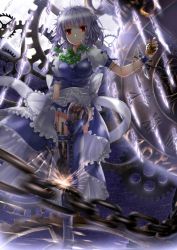 Rule 34 | 1girl, apron, backlighting, bad id, bad pixiv id, black thighhighs, boots, bow, braid, breasts, buckle, chain, clock, cross-laced footwear, embodiment of scarlet devil, female focus, fingerless gloves, foreshortening, frills, full moon, garter straps, gears, gloves, hair bow, highres, holster, izayoi sakuya, knee boots, knife, lace, lace legwear, leg lift, maid, maid apron, maid headdress, medium breasts, moon, motion blur, night, night sky, patterned legwear, pocket watch, red eyes, roman numeral, serious, short hair, silver hair, single glove, sky, solo, sparks, standing, standing on one leg, star (sky), stopwatch, swordsouls, thigh holster, thigh strap, thighhighs, throwing knife, touhou, twin braids, waist apron, watch, weapon, wrist cuffs