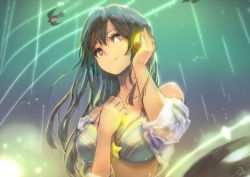 Rule 34 | 1girl, bare shoulders, bikini, bird, black hair, highres, long hair, looking at viewer, okuto, open clothes, open shirt, original, purple eyes, see-through, smile, solo, star-shaped pupils, star (symbol), swimsuit, symbol-shaped pupils, upper body