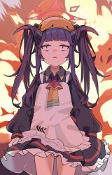 Rule 34 | 1girl, absurdres, apron, black hair, blue archive, commentary request, explosion, fuuka (blue archive), halo, highres, horns, long hair, looking at viewer, mitche, multicolored necktie, necktie, open mouth, red eyes, school uniform, solo, twintails, unamused