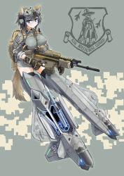 Rule 34 | 1girl, aim-120 amraam, aim-9 sidewinder, air-to-air missile, air national guard, aircraft, airplane, animal ears, assault rifle, bad id, bad pixiv id, beyond-visual-range missile, brown hair, camouflage, dakku (ogitsune), digital camouflage, f-22, fn scar, gloves, gun, jet, mecha musume, military, military uniform, missile, original, panties, personification, rifle, short hair, solo, strike witches, striker unit, surface-to-air missile, tail, thighhighs, underwear, uniform, weapon, world witches series