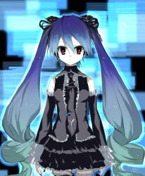 Rule 34 | 1girl, black necktie, black ribbon, black shirt, blue hair, cowboy shot, detached sleeves, frilled skirt, frilled sleeves, frills, hair ribbon, hatsune miku, highres, hologram, infinity (module), kasukasugom1, layered skirt, long hair, looking at viewer, necktie, project diva (series), red eyes, ribbon, shirt, skirt, solo, tie clip, twintails, very long hair, vocaloid
