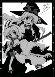 Rule 34 | 2girls, alice margatroid, book, capelet, female focus, greyscale, hat, highres, kirisame marisa, korie riko, monochrome, multiple girls, touhou, white background, witch, witch hat