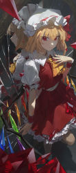 Rule 34 | 1girl, absurdres, ascot, blonde hair, breasts, broken glass, closed mouth, collared dress, commentary request, crystal, dress, earrings, eyes visible through hair, flandre scarlet, frills, glass, grey background, grey dress, hair between eyes, hand up, hat, hat ribbon, highres, indoors, jewelry, leg up, light, looking back, looking to the side, medium breasts, mirror, mob cap, modare, multicolored wings, one side up, puffy short sleeves, puffy sleeves, red ribbon, red skirt, red vest, ribbon, shadow, short hair, short sleeves, skirt, smile, socks, solo, standing, standing on one leg, touhou, vest, wall, white hat, white socks, wings, wrist cuffs, yellow ascot