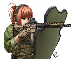 Rule 34 | 1girl, artist name, ballistic shield, brown gloves, brown hair, camouflage, dated, flashlight, gloves, green eyes, gun, headset, highres, holding, holding gun, holding weapon, jpc, muzzle device, original, shield, sight (weapon), solo, standing, upper body, weapon, white background