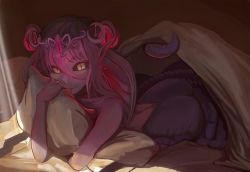 Rule 34 | 1girl, apophis (monster girl encyclopedia), ass, bed, black sclera, colored sclera, crown, godsh0t, highres, hug, huge ass, lamia, looking at viewer, lying, monster girl, monster girl encyclopedia, hugging object, on bed, on stomach, pillow, pillow hug, pink hair, pointy ears, pov across bed, purple hair, scales, shadow, slit pupils, smile, snake tail, solo, tail, under covers, yellow eyes