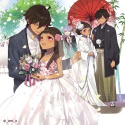 Rule 34 | 2boys, 2girls, blush, bouquet, bridal veil, brown hair, couple, dark-skinned female, dark-skinned male, dark skin, day, dress, fate/grand order, fate/prototype, fate/prototype: fragments of blue and silver, fate (series), flower, hair flower, hair ornament, holding, holding bouquet, holding umbrella, japanese clothes, jewelry, kimono, long hair, long sleeves, looking at another, medjed (fate), moses (fate), multiple boys, multiple girls, necklace, nefertiti (fate/prototype fragments), nitocris (fate), nitocris (fate/grand order), nitocris (swimsuit assassin) (fate), omi (tyx77pb r2), open mouth, outdoors, ozymandias (fate), pink eyes, pink flower, pink rose, red umbrella, rose, smile, uchikake, umbrella, unmoving pattern, veil, wedding dress, white flower, white kimono, white rose, wide sleeves, yellow eyes