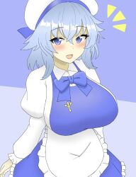 Rule 34 | 1girl, :d, apron, blue background, blue eyes, blue hair, breasts, commentary, highres, juliet sleeves, large breasts, letty whiterock, long sleeves, looking at viewer, medium hair, one-hour drawing challenge, open mouth, polearm, puffy sleeves, shirokumall, smile, solo, touhou, trident, two-tone background, upper body, waist apron, weapon, white headwear