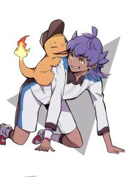 Rule 34 | 1boy, absurdres, aged down, all fours, bright pupils, charmander, clothed pokemon, collared shirt, commentary request, creatures (company), dark-skinned male, dark skin, dynamax band, fire, flame-tipped tail, game freak, gen 1 pokemon, grin, gym challenge uniform, highres, leon (pokemon), male focus, medium hair, nintendo, pokemon, pokemon (creature), pokemon swsh, purple hair, shirt, shoes, shorts, smile, socks, teeth, white pupils, white shirt, white shorts, yellow eyes, yunoru