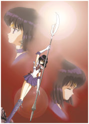 Rule 34 | 3girls, bishoujo senshi sailor moon, black hair, boots, bow, brooch, brown bow, cross-laced footwear, earrings, elbow gloves, expressionless, closed eyes, full body, gloves, hino ryutaro, holding, holding polearm, holding spear, holding weapon, jewelry, knee boots, lace-up boots, magical girl, miniskirt, multiple girls, multiple persona, pleated skirt, polearm, purple eyes, purple footwear, purple skirt, red background, sailor collar, sailor saturn, short hair, silence glaive, skirt, spear, star brooch, tiara, tomoe hotaru, weapon, white gloves