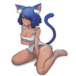 Rule 34 | 1girl, :3, animal ears, aqua eyes, bare arms, blue hair, cat ears, cat tail, clothes lift, collarbone, commentary, cyan (show by rock!!), dark-skinned female, dark skin, donburi (donburikazoku), dress, dress lift, eyes visible through hair, full body, highres, lifted by self, long hair, looking at viewer, no panties, show by rock!!, simple background, sitting, smile, solo, tail, tan, tanline, wariza, white background, white dress