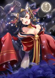 Rule 34 | 1girl, 1other, animal ear fluff, animal ears, animal head, bare shoulders, bell, bird, black hair, breasts, chimera, cleavage, commentary, commentary request, cosplay, crown, curled horns, fate/grand order, fate (series), full moon, hatotaurus (ookami mio), hololive, horns, japanese clothes, kimono, large breasts, long hair, menacing (jojo), moon, multicolored hair, off shoulder, official alternate costume, ookami mio, pigeon, red hair, red kimono, solo, tamamo (fate), tamamo no mae (fate/extra), tamamo no mae (fate/extra) (cosplay), tamamo no mae (third ascension) (fate), two-tone hair, very long hair, virtual youtuber, wolf ears, wolf girl, yasume yukito