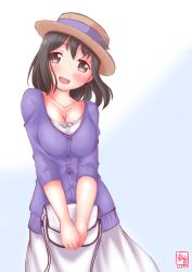 Rule 34 | 10s, 1girl, 2016, alternate costume, bag, black hair, breasts, brown eyes, casual, cleavage, dated, dress, haguro (kancolle), handbag, hat, highres, kanon (kurogane knights), kantai collection, long sleeves, medium breasts, open mouth, short hair, signature, smile, solo, sweater, white dress