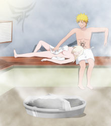 Rule 34 | 1boy, 1girl, bath, blonde hair, highres, mixed-sex bathing, naked towel, naruto, naruto (series), nipples, peeking, sauna, shared bathing, stiky finkaz, towel, towel around waist, undressing, uzumaki naruto, yamanaka ino