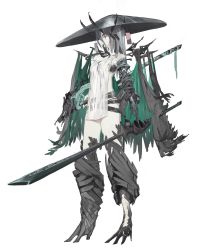 Rule 34 | 1girl, backless outfit, black hat, black horns, breasts, closed mouth, facing to the side, fingernails, full body, grey eyes, grey hair, hat, highres, holding, holding sword, holding weapon, horns, jingasa, katana, long fingernails, long hair, looking at viewer, multiple horns, original, pale skin, see-through, sharp fingernails, sideless outfit, simple background, small breasts, solo, standing, sword, toriseka, two-sided fabric, weapon, white background