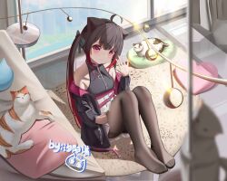 Rule 34 | 1girl, absurdres, ahoge, animal ears, bare shoulders, black bow, black coat, black hair, black pantyhose, bow, breasts, cat, cat ears, chinese commentary, closed mouth, coat, colored tips, crescent moon, feet, full body, hair bow, head tilt, heart, heart-shaped pillow, highres, indoors, jacket, jacket partially removed, jewelry, knees up, legs, long hair, long sleeves, looking at viewer, moon, multicolored hair, necklace, no shoes, off shoulder, pantyhose, pillow, pink eyes, pleated skirt, red hair, rug, sidelocks, sitting, skirt, small breasts, solo, thighs, toes, twintails, waving, white skirt, window, xi yang yang, zipper