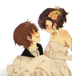 Rule 34 | 1boy, 1girl, bad id, bad pixiv id, bare shoulders, black hair, blush, brown hair, carrying, chromatic aberration, couple, dress, elbow gloves, closed eyes, formal, gloves, hetero, highres, lingmuzi, looking at another, original, princess carry, suit, tears, wedding dress