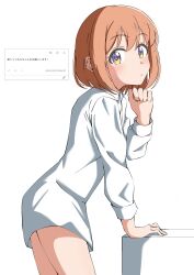 1girl bare_legs blush boyfriend_shirt closed_mouth crust_gm0 dot_nose feet_out_of_frame female_focus hair_ornament koisuru_asteroid konohata_mira legs long_sleeves looking_at_viewer multicolored_eyes no_pants orange_hair shirt short_hair simple_background solo standing star_(symbol) star_hair_ornament white_background