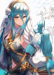 Rule 34 | 1girl, alternate costume, azura (fire emblem), blue hair, blush, branch, breasts, closed mouth, commentary request, dress, fire emblem, fire emblem fates, fire emblem heroes, flower, hair between eyes, hair flower, hair ornament, hair tubes, headdress, highres, ice, jewelry, long hair, looking at viewer, medium breasts, nakabayashi zun, necklace, nintendo, rose, signature, smile, solo, strapless, strapless dress, tree, very long hair, white flower, white rose, yellow eyes