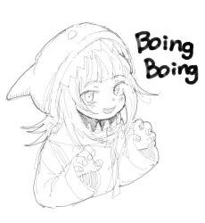 Rule 34 | 1girl, animal hood, blunt bangs, claw pose, cropped torso, gawr gura, greyscale, haioku colonel, hololive, hololive english, hood, looking up, medium hair, monochrome, open mouth, shark hood, sharp teeth, sketch, smile, solo, teeth, virtual youtuber, white background