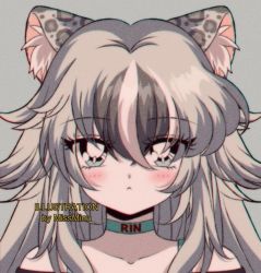 Rule 34 | 1990s (style), 1girl, :&lt;, animal ear fluff, animal ears, artist name, blush, cat ears, character request, closed mouth, collarbone, commentary, copyright request, crossed bangs, dyed bangs, film grain, grey background, grey eyes, grey hair, hair between eyes, long hair, looking at viewer, miss minu, multicolored hair, off shoulder, portrait, retro artstyle, rin, solo, streaked hair