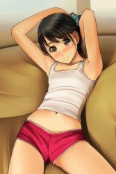 Rule 34 | 1girl, absurdres, arms up, bare arms, bare shoulders, black hair, blue scrunchie, blush, brown eyes, closed mouth, collarbone, hair ornament, hair scrunchie, highres, lying, matsunaga kouyou, midriff, navel, nose blush, on back, original, red shorts, scrunchie, short shorts, shorts, smile, solo, tank top, white tank top
