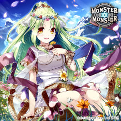 Rule 34 | 1girl, :d, brown eyes, bug, butterfly, company name, copyright name, europa blossom, field, flower, flower field, flower on head, green hair, hair flower, hair ornament, head wreath, hexagram, bug, ladybug, long hair, looking at viewer, miyase mahiro, monster monster, mountain, open mouth, petals, ponytail, sitting, smile, solo, wind