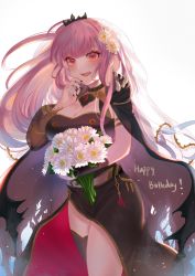 Rule 34 | 1girl, absurdres, black cape, black nails, bouquet, breasts, cape, cleavage, commentary, english commentary, fingernails, flower, hair flower, hair ornament, happy birthday, highres, holding, holding bouquet, hololive, hololive english, large breasts, long hair, looking at viewer, mori calliope, nail polish, pink eyes, pink hair, side slit, solo, spikes, tangdou0402, thighhighs, tiara, veil, virtual youtuber