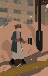 Rule 34 | 1girl, animated, animated gif, black footwear, blue eyes, boots, brown hair, building, coat, double bun, dress, gloves, grey scarf, highres, lamppost, original, outdoors, peco-pech, pixel art, red gloves, scarf, shadow, snow, snowing, solo, standing, throwing, white dress
