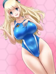 Rule 34 | 1girl, absurdres, ankake hitokaji, atago (kancolle), blonde hair, blue headwear, blue one-piece swimsuit, breasts, competition swimsuit, covered navel, cowboy shot, dutch angle, green eyes, highleg, highleg swimsuit, highres, honeycomb (pattern), honeycomb background, kantai collection, large breasts, long hair, looking at viewer, one-piece swimsuit, pink background, solo, standing, swimsuit