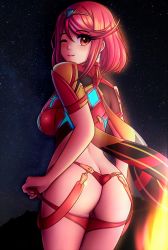Rule 34 | 1girl, absurdres, ass, blush, breasts, highres, large breasts, looking at viewer, looking back, nintendo, panties, panty pull, pussy, pyra (xenoblade), red eyes, red hair, short hair, smile, solo, underwear, xenoblade chronicles (series), xenoblade chronicles 2, xenoblade chronicles (series), xenoblade chronicles 2