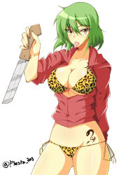 Rule 34 | 10s, 1girl, alternate costume, animal print, bra, breasts, center opening, cleavage, collarbone, cowboy shot, fiesta (fiesta303), green hair, groin, highres, hikage (senran kagura), holding, holding knife, jacket, knife, large breasts, leopard print, looking at viewer, panties, print bra, print panties, red jacket, senran kagura, short hair, side-tie panties, slit pupils, solo, tattoo, tongue, tongue out, tsurime, twitter username, underwear, white background, yellow eyes