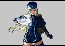 Rule 34 | 1girl, black gloves, black thighhighs, blonde hair, blue eyes, breasts, buttons, coat, eyebrows, fur hat, fur trim, gloves, grey background, hat, highres, ice, kolin, large breasts, lips, long hair, mz43033458, simple background, solo, standing, street fighter, street fighter v, thighhighs, thighs, ushanka, wavy hair, winter clothes, winter coat, zettai ryouiki