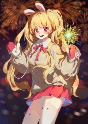 Rule 34 | 1girl, animal ear legwear, animal ears, blonde hair, blush, fireworks, gloves, highres, holding, holding sparkler, long hair, looking at viewer, mittens, neck ribbon, open mouth, original, rabbit ear legwear, rabbit ears, red eyes, red ribbon, red skirt, ribbon, round teeth, skirt, smile, solo, sparkler, sweater, teeth, thighhighs, twintails, upper teeth only, white thighhighs, ziyue