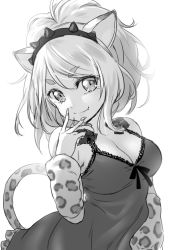 Rule 34 | 1girl, animal ears, animal print, bare shoulders, breasts, citti (show by rock!!), cleavage, fang, fang out, fingernails, greyscale, hairband, leopard print, lingerie, long sleeves, looking at viewer, medium breasts, monochrome, negligee, onsoku inu, ponytail, sharp fingernails, short hair, show by rock!!, simple background, smile, solo, spiked hairband, spikes, tail, thick eyebrows, underwear, v-shaped eyebrows, white background