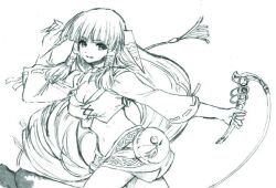 Rule 34 | 1girl, breasts, cleavage, feena (grandia), grandia, grandia i, greyscale, hair ornament, hair tubes, holding, holding weapon, holding whip, jewelry, long hair, looking at viewer, low-tied long hair, medium breasts, midriff, monochrome, murata tefu, navel, necklace, simple background, skirt, smile, solo, weapon, white background, wide sleeves