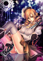 Rule 34 | 10s, 1girl, beret, blonde hair, boots, breasts, brown thighhighs, cameltoe, corset, covered erect nipples, detached sleeves, drill hair, fingerless gloves, gloves, gun, hair ornament, hairpin, hat, impossible clothes, impossible shirt, large breasts, legs, long legs, magical girl, magical musket, mahou shoujo madoka magica, mahou shoujo madoka magica (anime), panties, pantyshot, pleated skirt, puffy sleeves, reflection, ribbon, rifle, sadamesada, see-through, shiny skin, shirt, sitting, skirt, solo, striped clothes, striped thighhighs, thighhighs, thighs, tomoe mami, twin drills, twintails, underwear, upskirt, vertical-striped clothes, vertical-striped thighhighs, weapon, white panties, yellow eyes