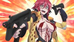 Rule 34 | 10s, 1girl, blood, breasts, bullet hole, dual wielding, finger on trigger, gradient background, green eyes, gun, handgun, heterochromia, highres, holding, large breasts, machine pistol, monster girl, monster musume no iru nichijou, personal defense weapon, pistol, pp-2000, red hair, smile, solo, standing, stitches, submachine gun, weapon, yellow eyes, zombina (monster musume)